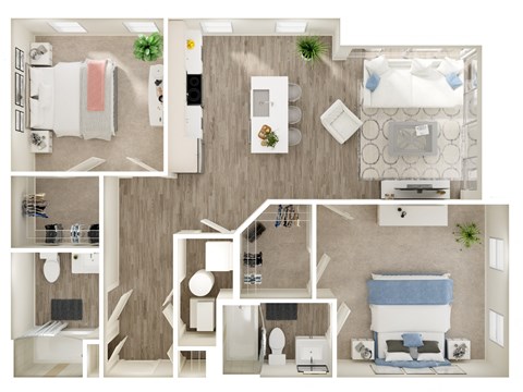 Floor plan for 2 beds, 2 baths, 1001 sqft